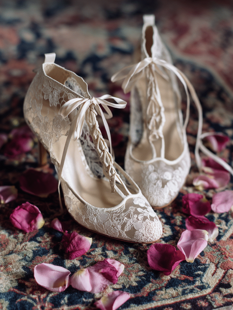A pair of ivory lace-up heels with satin ribbons, tied in a delicate bow around the ankle. The shoes are placed on a vintage rug with scattered rose petals for a romantic touch.
