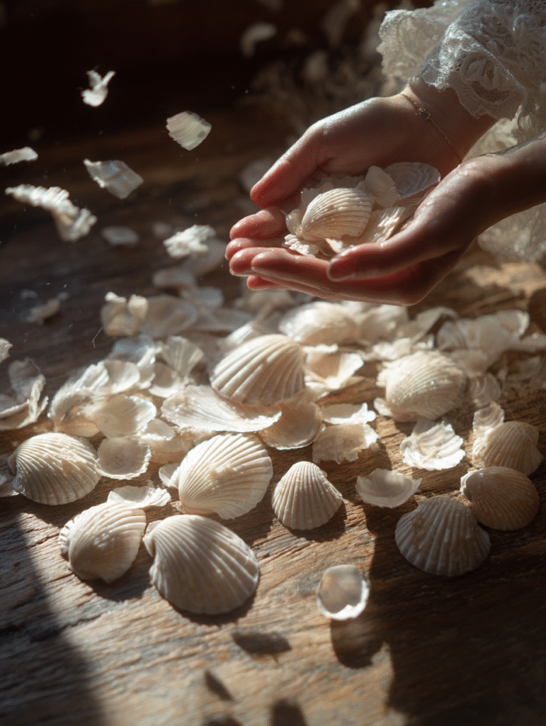 A handful of tiny white and beige seashells scattered on a wooden table, catching the light. A few are cupped in a bride’s hands, ready to be tossed into the air.