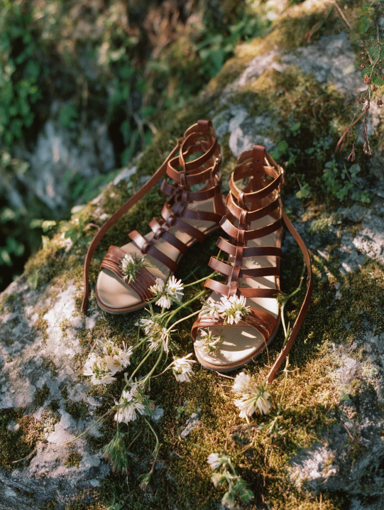 Brown leather wrap sandals with multiple thin straps, styled on a moss-covered rock with a few wildflowers tucked between the laces. The natural greenery and dappled sunlight create a serene, earthy atmosphere.