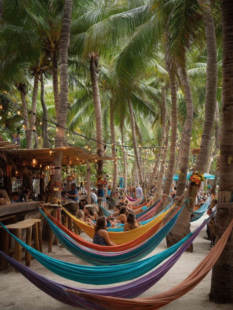 A row of colorful hammocks strung between palm trees, with guests lounging and laughing. A rustic bar nearby serves drinks in coconut shells with tiny umbrellas.