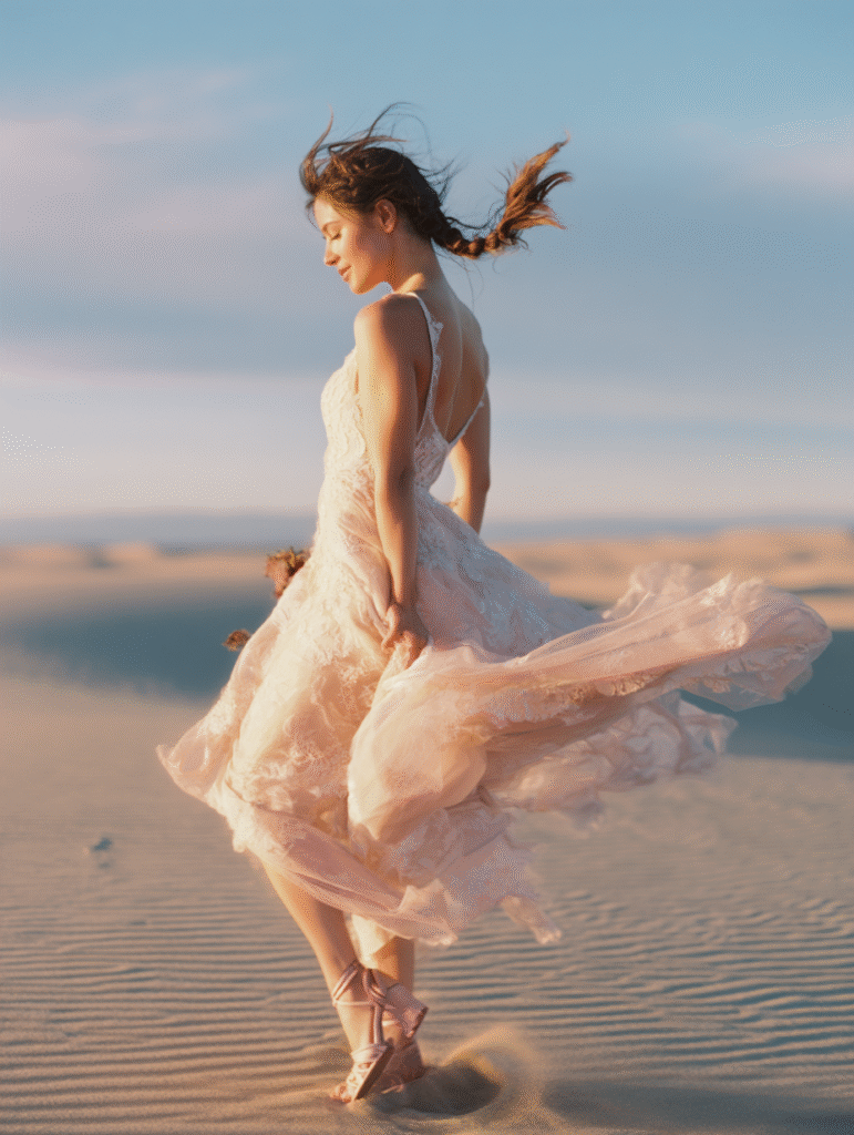 A bride with a high braided ponytail, a few loose strands flying in the wind as she spins on the sand. Her dress is short and playful, and she’s holding her shoes in one hand.