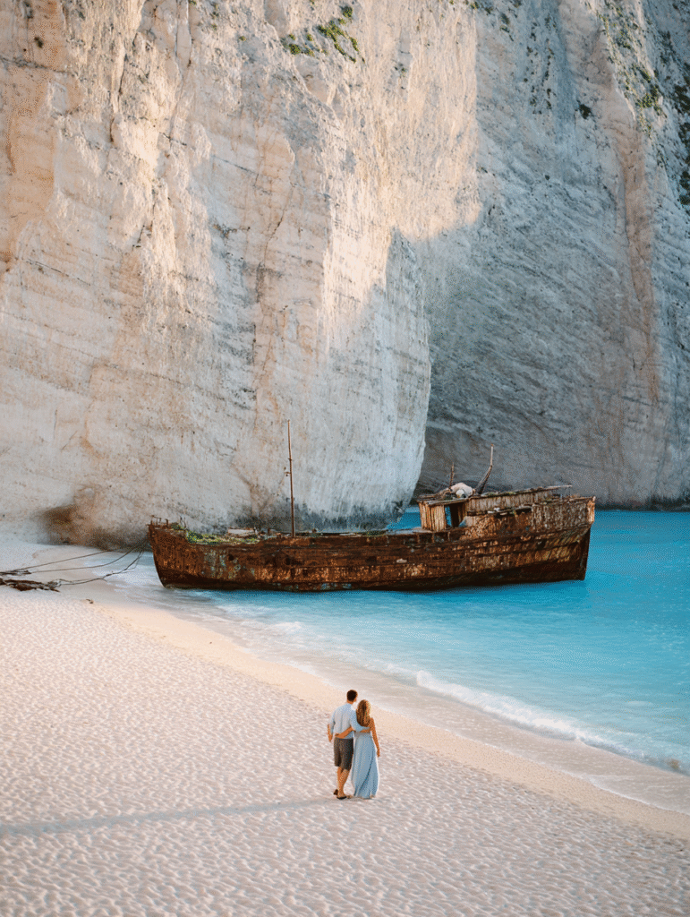A couple standing near the iconic shipwreck at Navagio Beach, the white cliffs towering behind them. The early morning light turns the water a surreal shade of blue, with not another soul in sight.