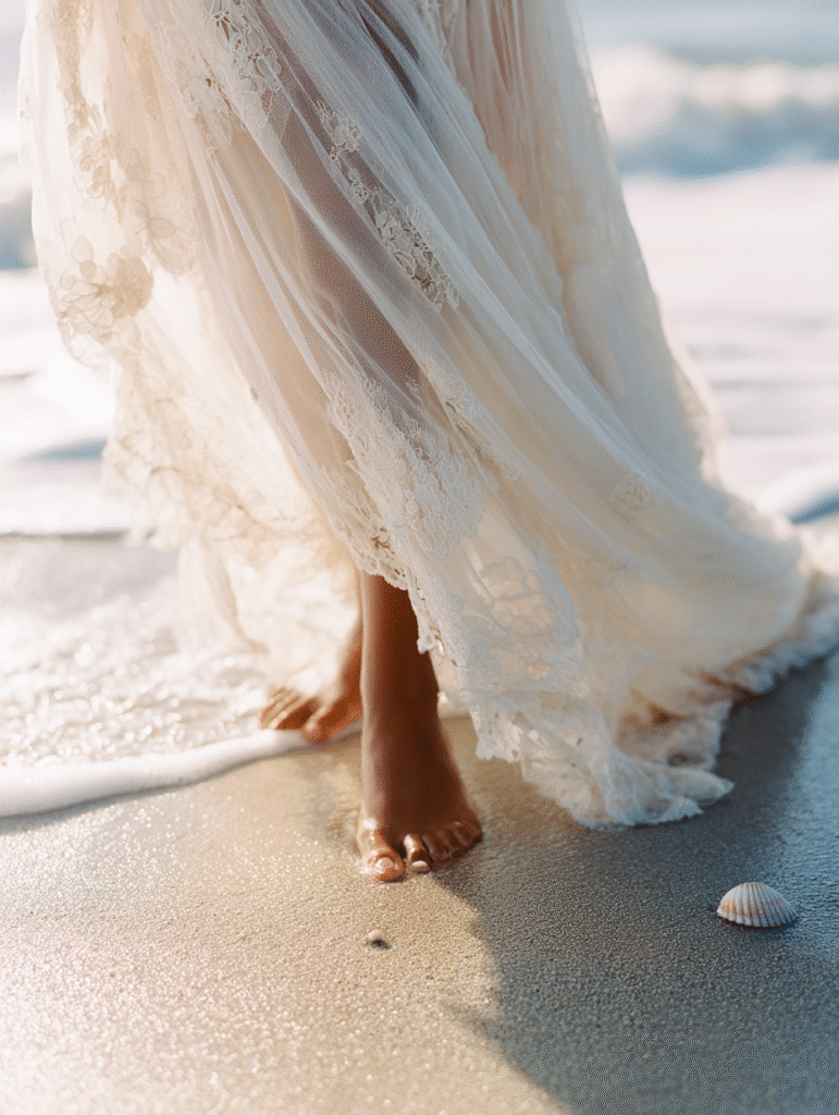 A bride standing barefoot on a sunlit beach, her long, flowy dress catching the ocean breeze. The hem is slightly damp from the waves, and delicate lace details shimmer in the golden light. Her toes peek out from under the fabric, with a tiny seashell resting near her foot.
