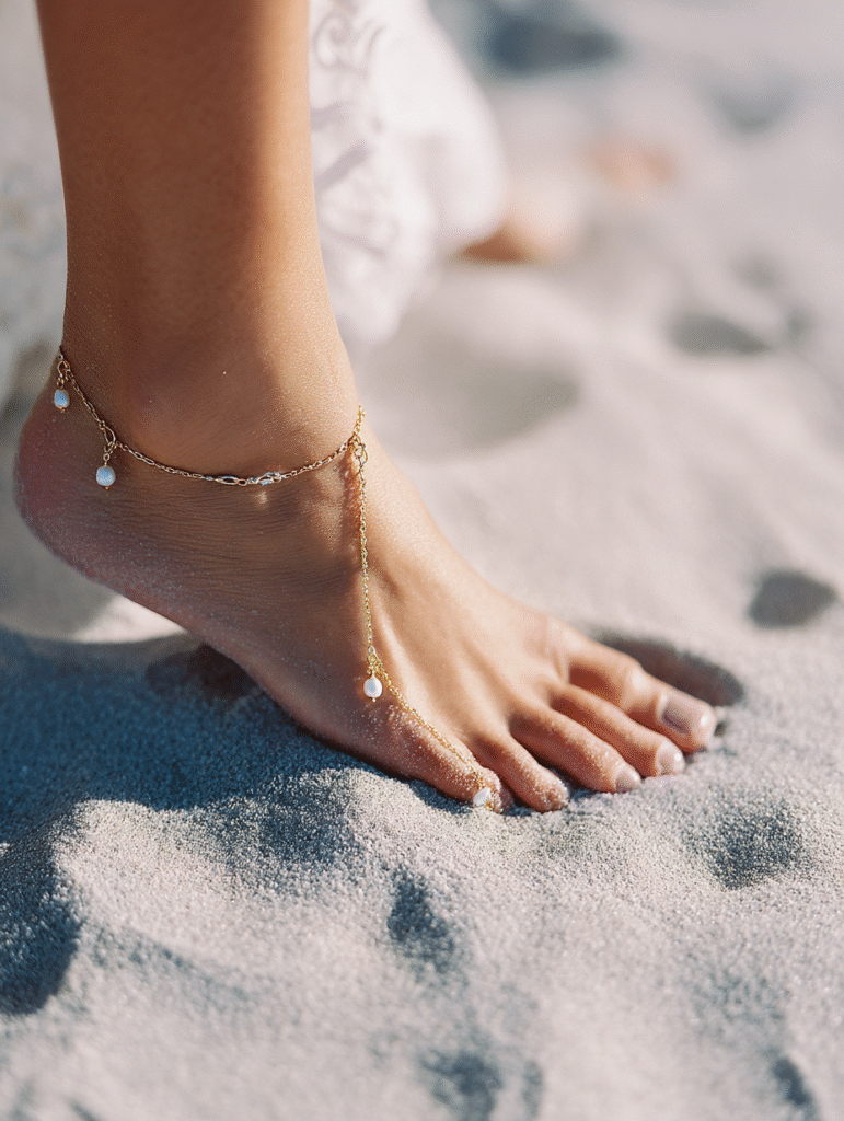 A close-up of a bride’s bare foot in the sand, adorned with a dainty gold anklet featuring a small pearl charm. The sunlight catches the metal, creating a soft glow against her sun-kissed skin.