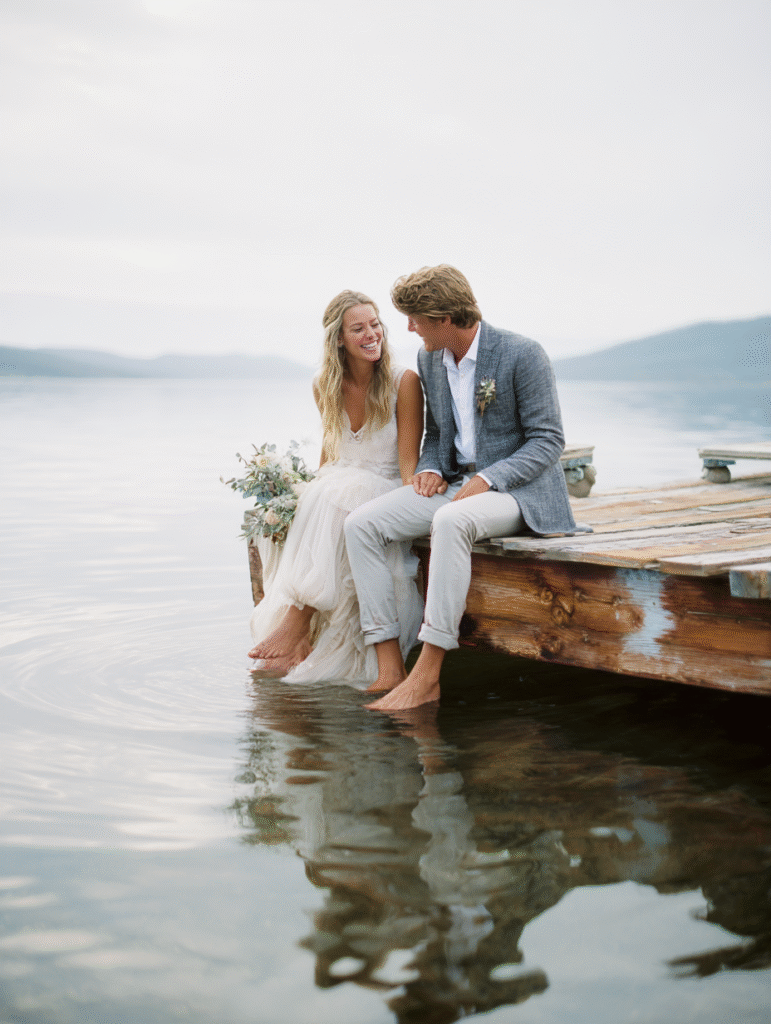 A couple sitting on a weathered wooden dock, barefoot and laughing as they dip their toes into the calm water below. The bride’s dress pools around her, and the groom’s rolled-up pants show off their sandy feet.
