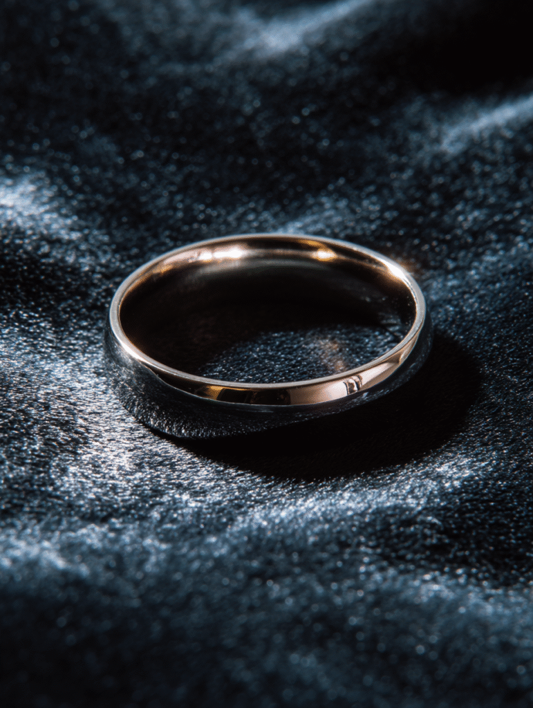 A close-up of a classic comfort fit white gold wedding band resting on a dark velvet surface, catching the light to highlight its smooth, polished finish. The band should appear slightly rounded on the inside to emphasize the comfort fit design.