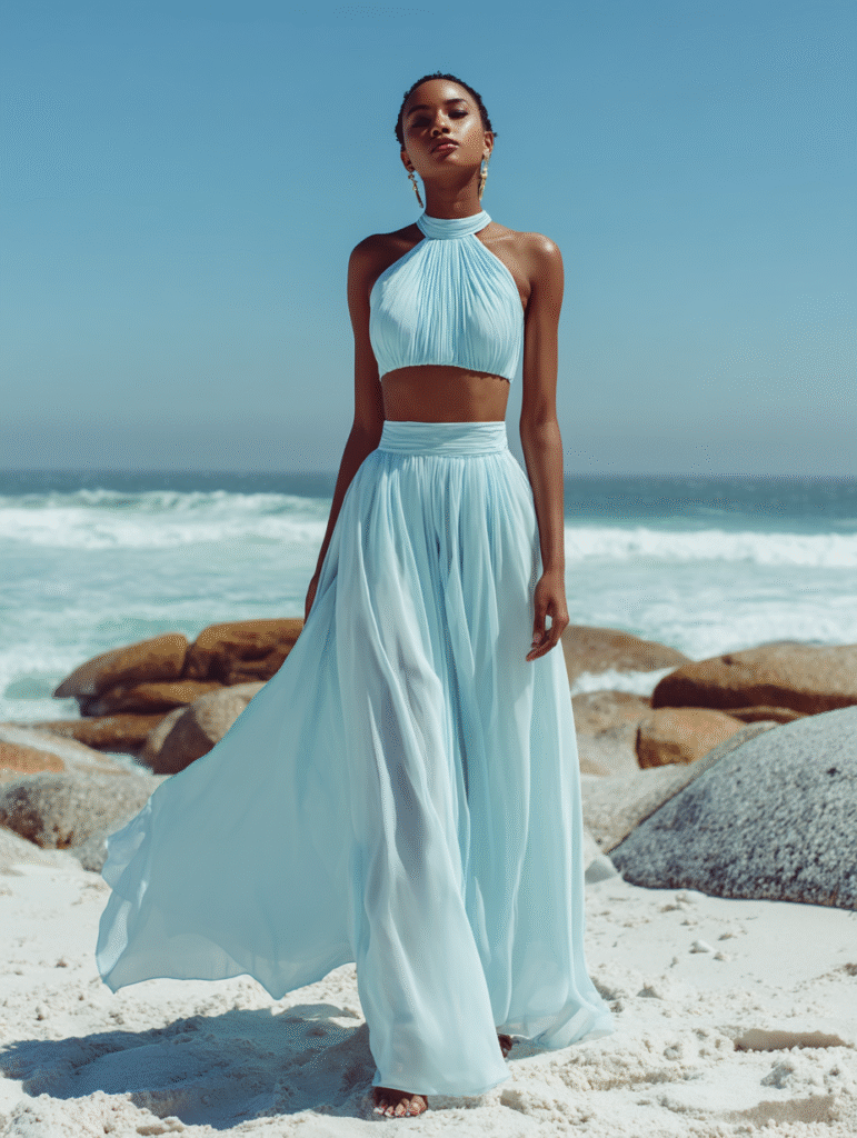 A two-piece halter neck bridesmaid set in pale blue, with a cropped top and a flowing high-waisted skirt. The model stands on a beach, with the ocean in the background.