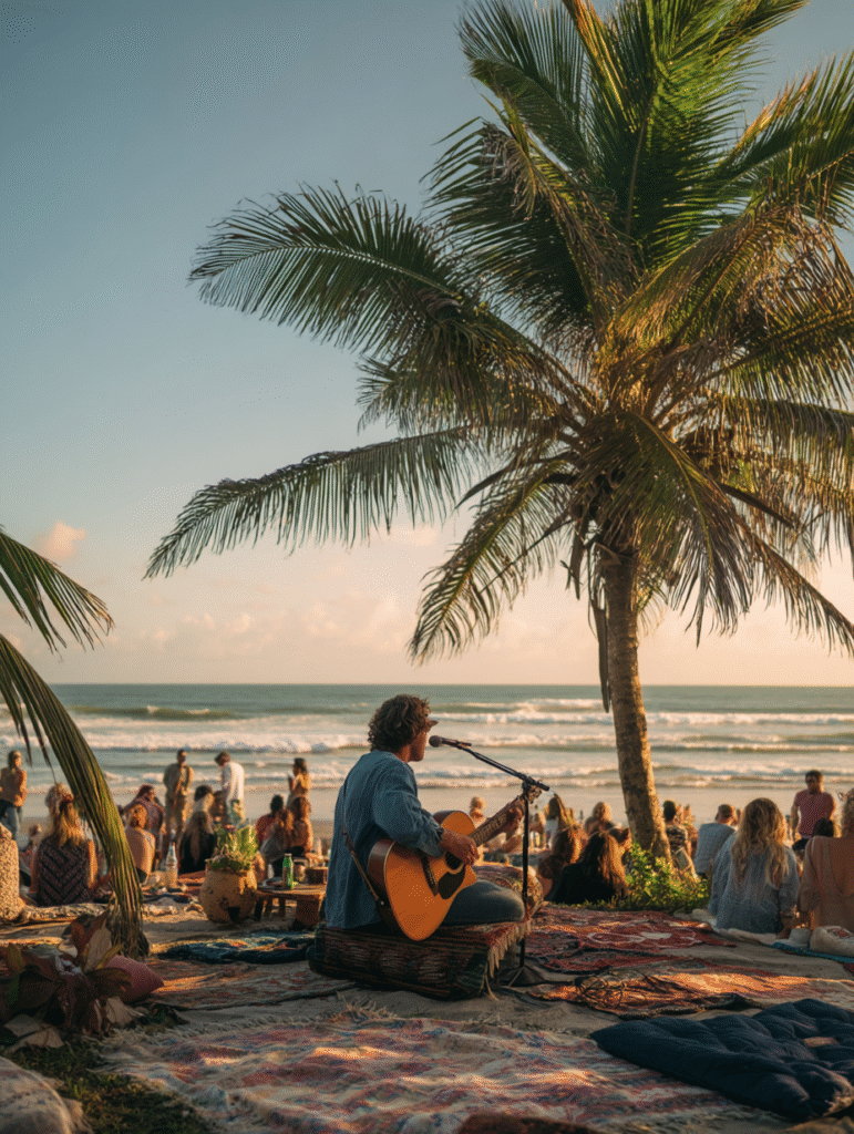 A solo guitarist playing under a palm tree, with guests seated on blankets in the sand. The ocean waves provide a natural rhythm in the background.