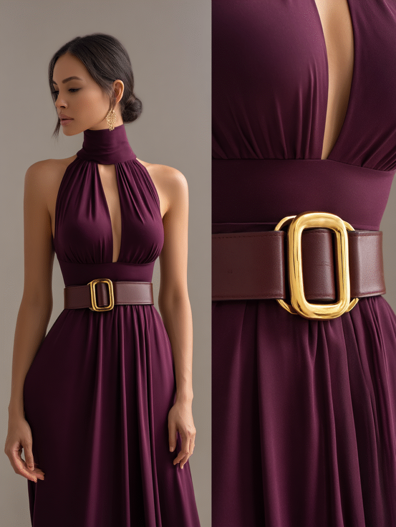 A halter neck dress with a removable gold belt, styled both with and without it. The dress is a deep plum color, and the background is neutral to highlight the belt’s impact.