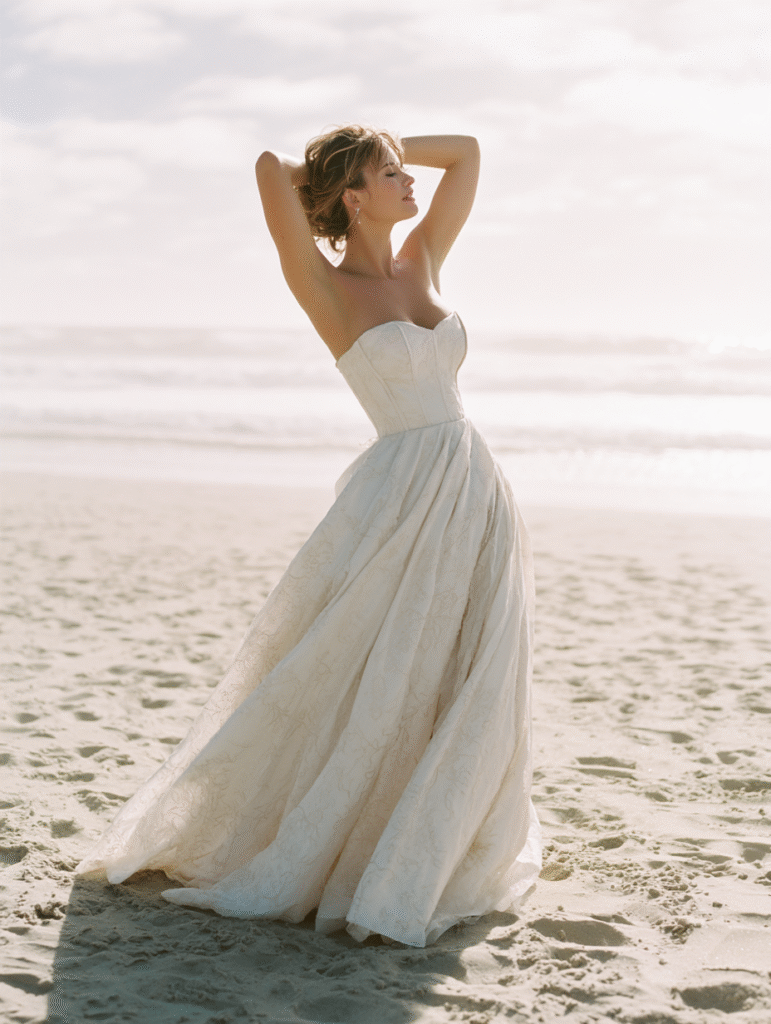 A bride standing in profile in a strapless bandeau gown, the structured bodice contrasting with the soft, flowing skirt. Her arms are raised to adjust her hair, highlighting the clean neckline. The sand beneath her is dotted with tiny footprints.