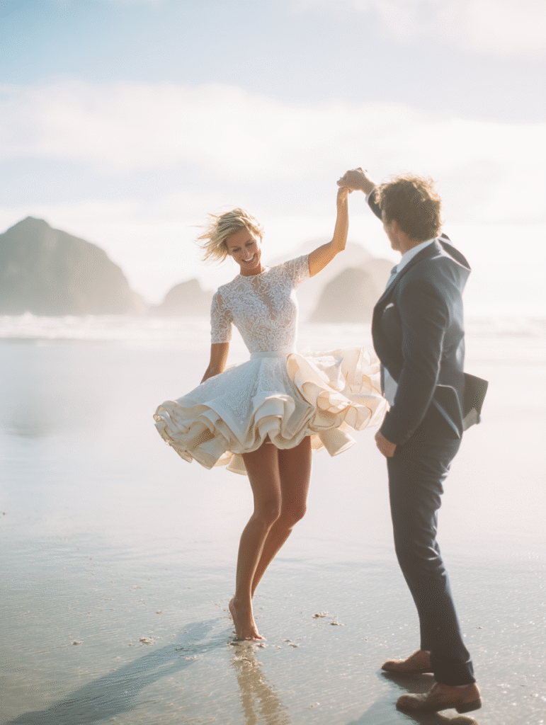 A joyful bride in a short, ruffled wedding dress kicking up sand as she dances with her partner. The dress’s playful silhouette contrasts with the serene ocean backdrop, capturing pure happiness.