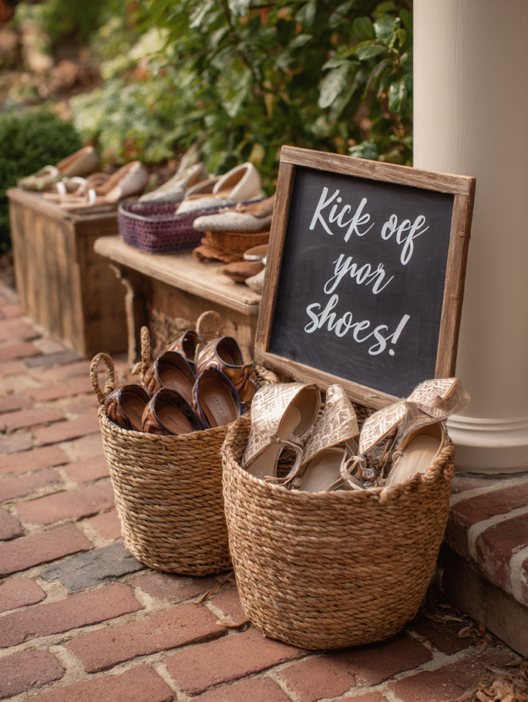 A charming shoe-check station with woven baskets labeled “Kick off your shoes!” A pile of sandals and heels sits inside, with a few barefoot guests laughing nearby.