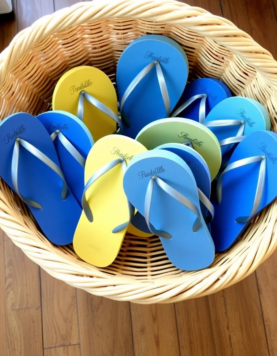 A woven basket filled with personalized flip-flops in various sizes, each labeled with a guest’s name. A few pairs are already missing, with tiny footprints leading toward the ceremony.