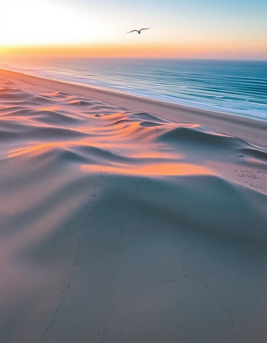 A sweeping aerial view of Pismo Beach’s dunes at sunset, with ATV tracks weaving through the golden sand. The ocean meets the dunes in a dramatic line, and a single seagull flies overhead.