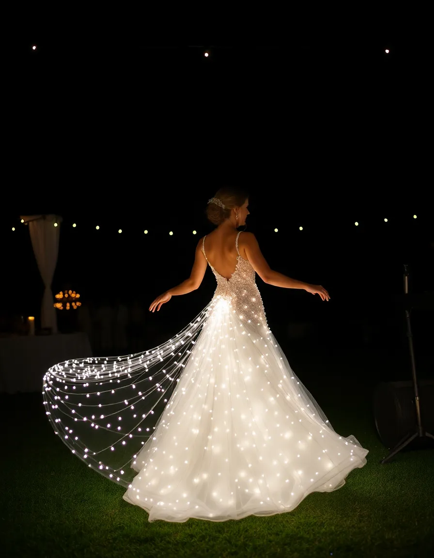 A bride in a white gown with fiber optic threads woven into the skirt, glowing softly in a dark, starry outdoor venue. She’s twirling, the lights creating a mesmerizing trail around her.