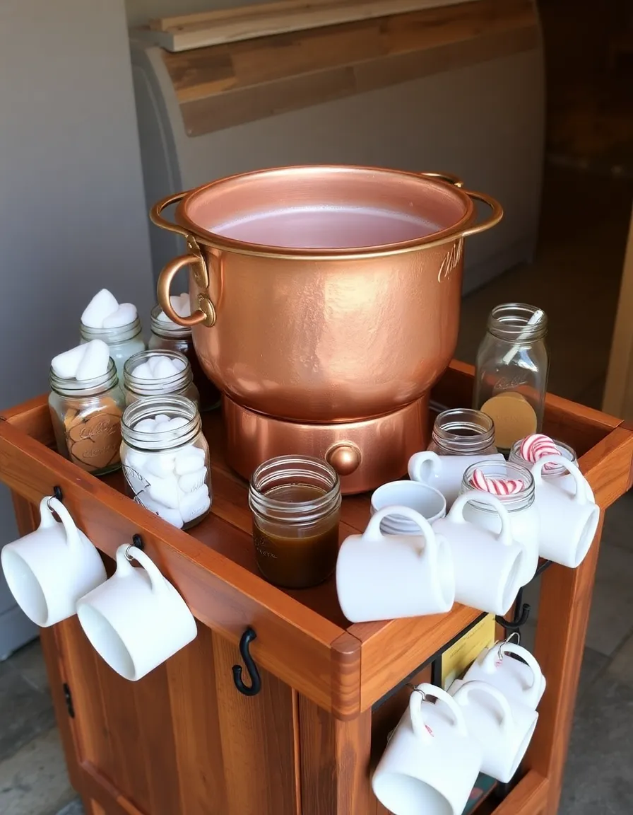A wooden cart topped with a large copper pot of hot chocolate, surrounded by mason jars of toppings like marshmallows, caramel sauce, and candy canes. Mismatched mugs hang from hooks on the side.