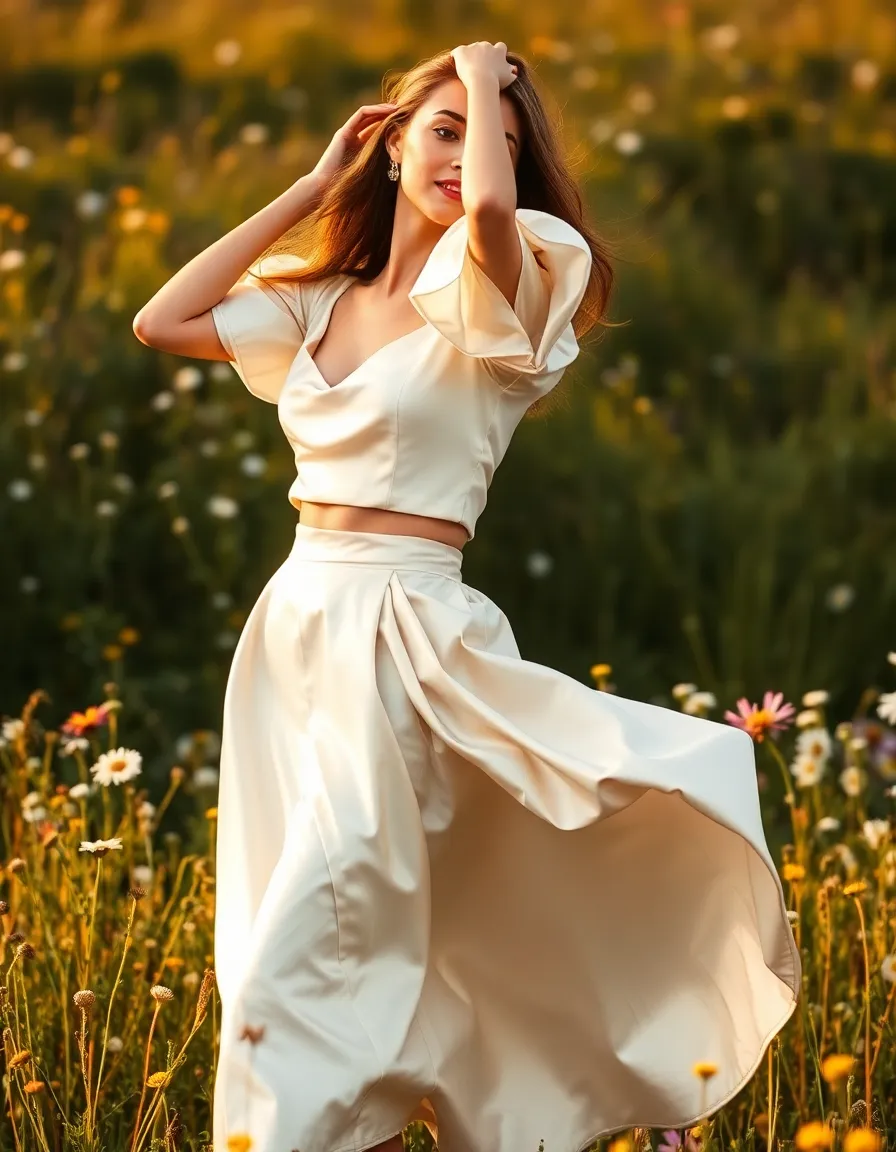A model in an ivory satin crop top and high-waisted satin skirt twirling in a field of wildflowers. The top has delicate puff sleeves, and the skirt flares out as she moves. The golden sunlight highlights the fabric’s texture.