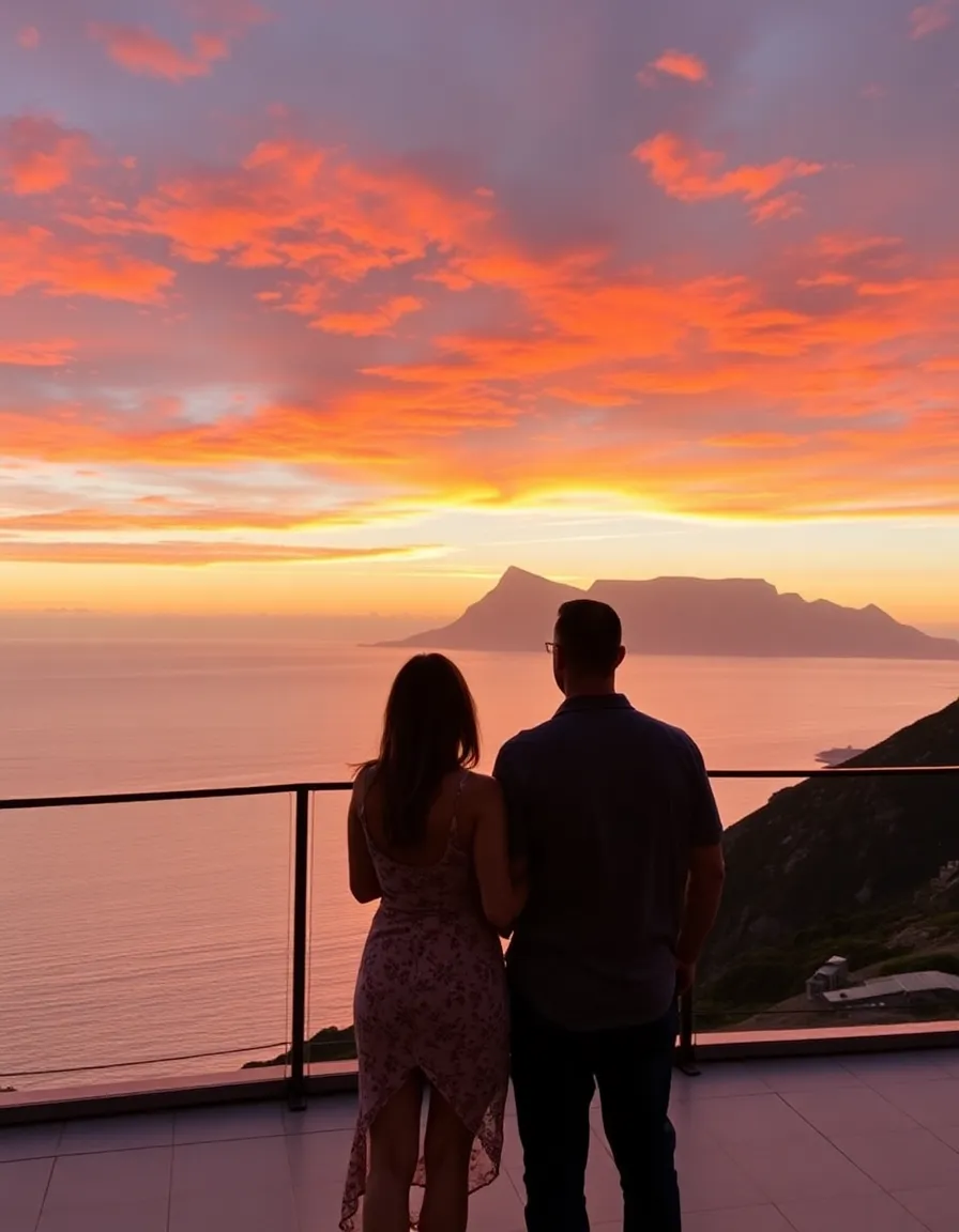 A couple standing on the terrace at The Twelve Apostles, with the sun setting behind Table Mountain in the distance. The ocean stretches out below, and the sky is a fiery mix of red and orange.