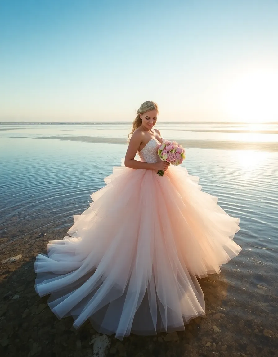 A bride in a voluminous tulle wedding dress with layers of soft pink and ivory fabric, standing in a shallow tide pool. The tulle floats on the water’s surface, creating a dreamy, ethereal effect. She’s holding a bouquet of peonies, and the sun is low in the sky.