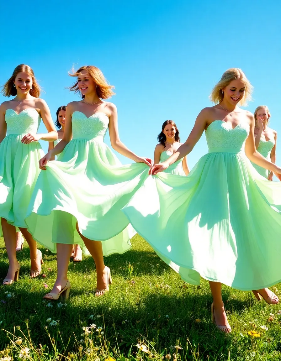 Bridesmaids in mint green tea-length dresses twirling in a sunlit meadow, their skirts flaring out. The dresses have sweetheart necklines and delicate lace overlays, and they’re paired with nude block heels. Wildflowers are scattered at their feet, and the sky is a perfect blue.