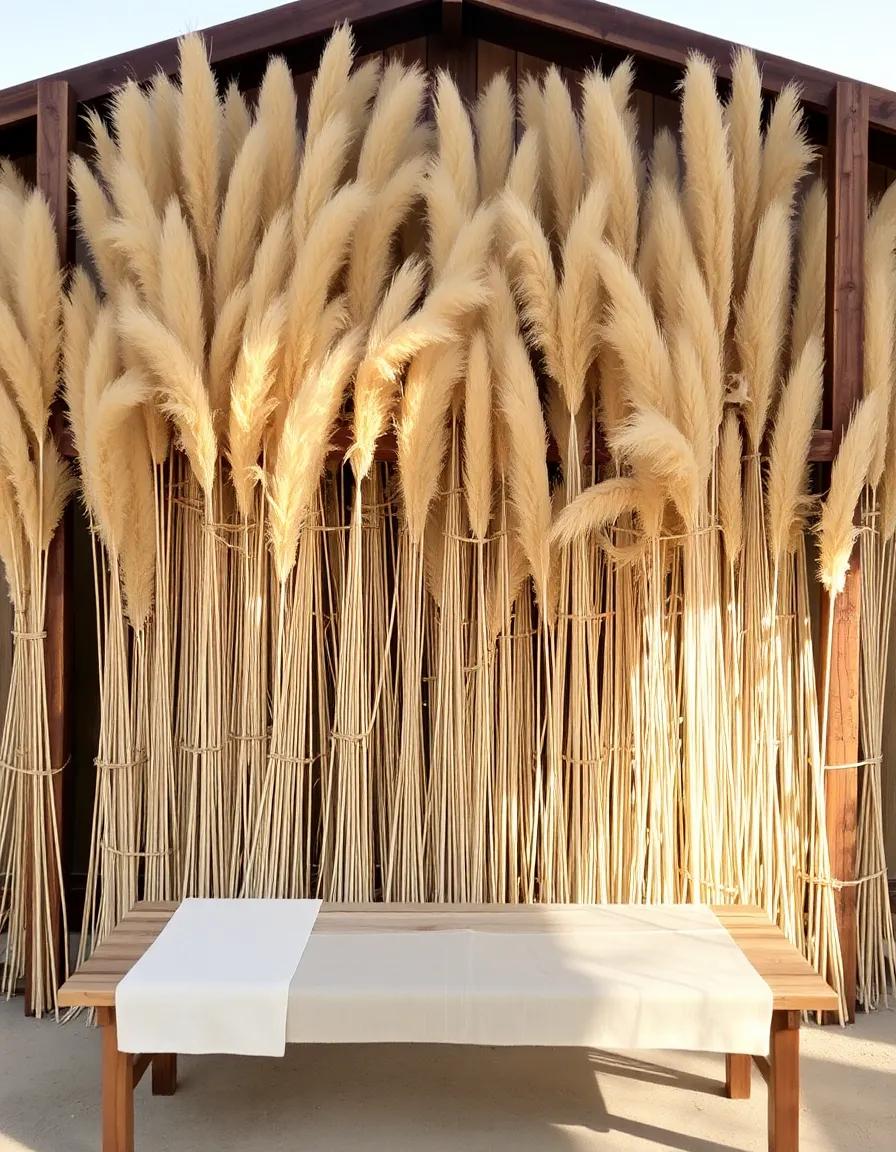 A floor-to-ceiling backdrop of pampas grass stems in varying heights, tied to a rustic wooden frame. The golden plumes glow in the late afternoon light, with a few stray feathers drifting in the breeze. A minimalist wooden bench sits in front, draped with a cream linen runner.