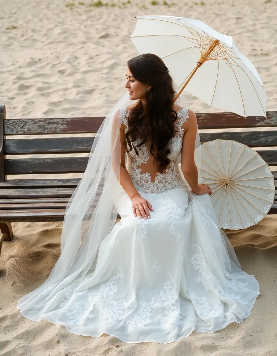 A bride seated on a weathered bench in a sheer overlay gown, the fabric pooling around her. The embroidered details catch the light, creating tiny prisms on the sand. A vintage-style parasol rests beside her.