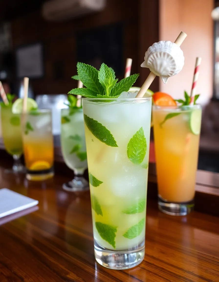 A refreshing mojito in a tall glass, garnished with a mint sprig and a seashell drink stirrer. The shell is attached to a bamboo skewer, and the condensation on the glass catches the light. The background features a wooden bar with other tropical drinks lined up.