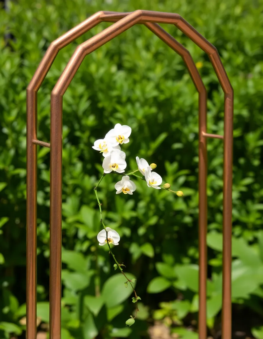 A hexagonal copper pipe arch standing against a lush green garden, its metallic sheen reflecting the sunlight. Delicate white orchids are tucked into the joints, with a few tendrils of ivy trailing down. The clean lines contrast beautifully with the natural surroundings.