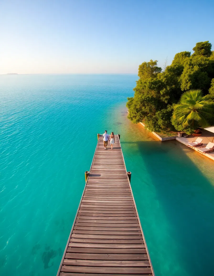 A secluded wooden dock stretching over a calm turquoise lagoon, surrounded by lush greenery. A couple stands at the end of the dock, holding hands, with golden sunlight reflecting off the water. Vintage-style lounge chairs and umbrellas dot the shoreline.
