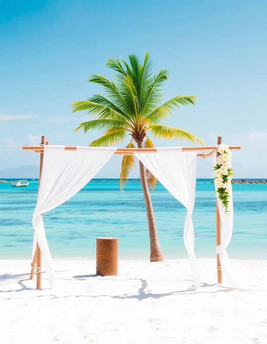 A barefoot wedding on Amanpulo’s pristine beach, with a bamboo arch wrapped in white fabric and frangipani flowers. The turquoise water glimmers under the midday sun, and a lone coconut tree shades the ceremony setup.
