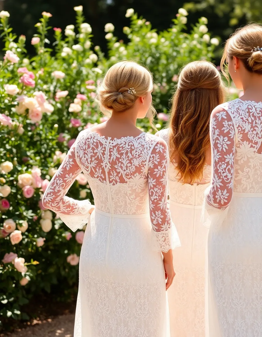Bridesmaids in ivory lace dresses with sheer sleeves standing in a flower-filled garden. The intricate lace details catch the sunlight, creating a soft, romantic glow.