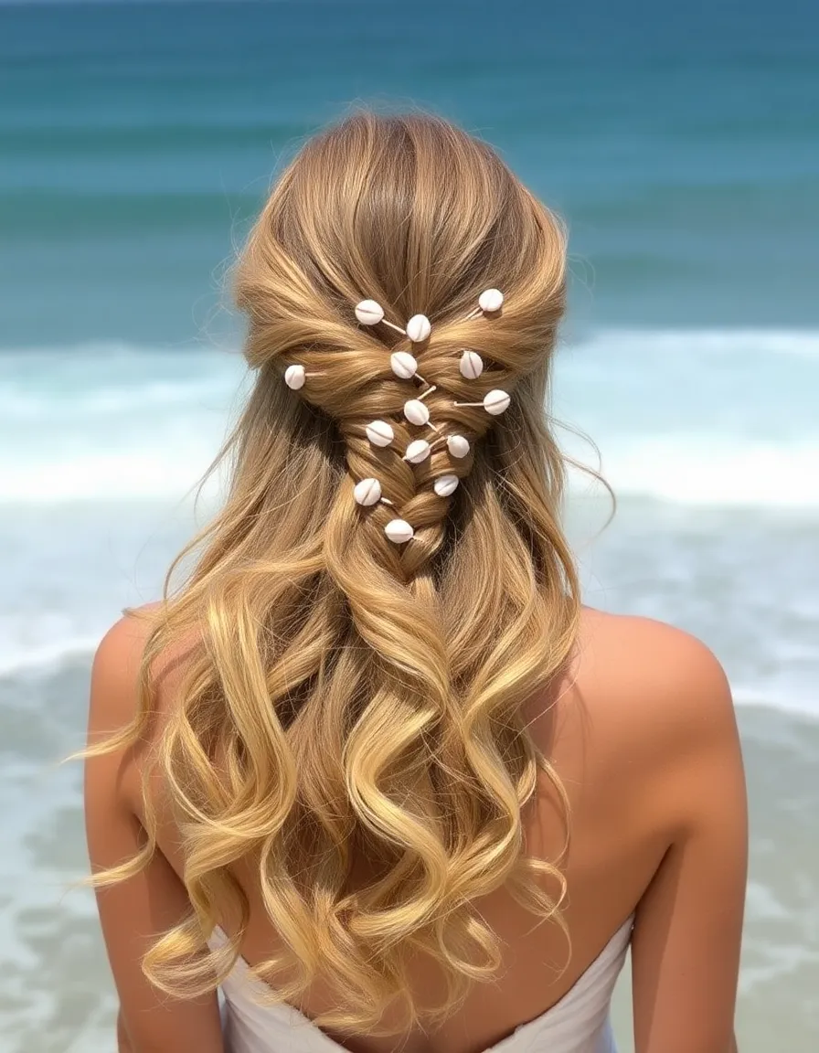 A bride’s flowing, beachy waves adorned with delicate seashell hairpins. The shells glint in the sunlight, and a few are nestled into a loose braid. The ocean stretches out behind her, with waves gently crashing in the distance.