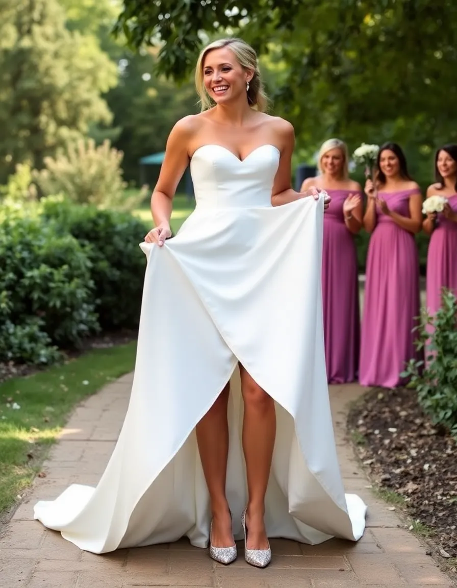 A bride in an ivory satin high-low gown mid-laugh as she lifts the front of her skirt to reveal sparkly heels. The back of the dress cascades behind her on a garden path, and her bridesmaids cheer in the background.