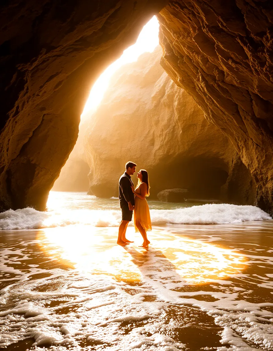 A couple standing inside one of Playa Ventanas’ caves, backlit by golden light streaming through the cliff openings. The ocean surges gently around their feet.