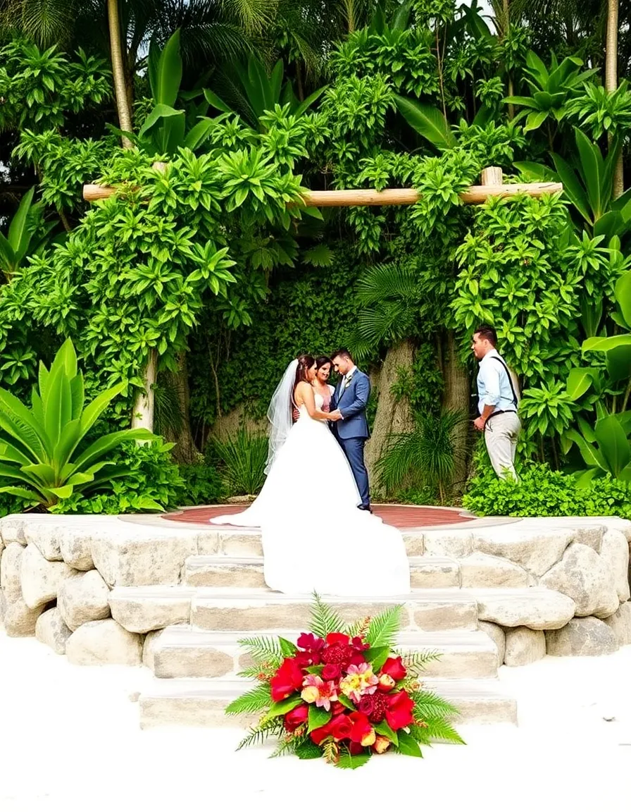 A wedding ceremony at Dreams Tulum’s jungle-edge beach, with a stone altar surrounded by tropical foliage. The bride’s dress contrasts beautifully against the greenery, and a Mayan-inspired floral arrangement sits at the base of the altar.