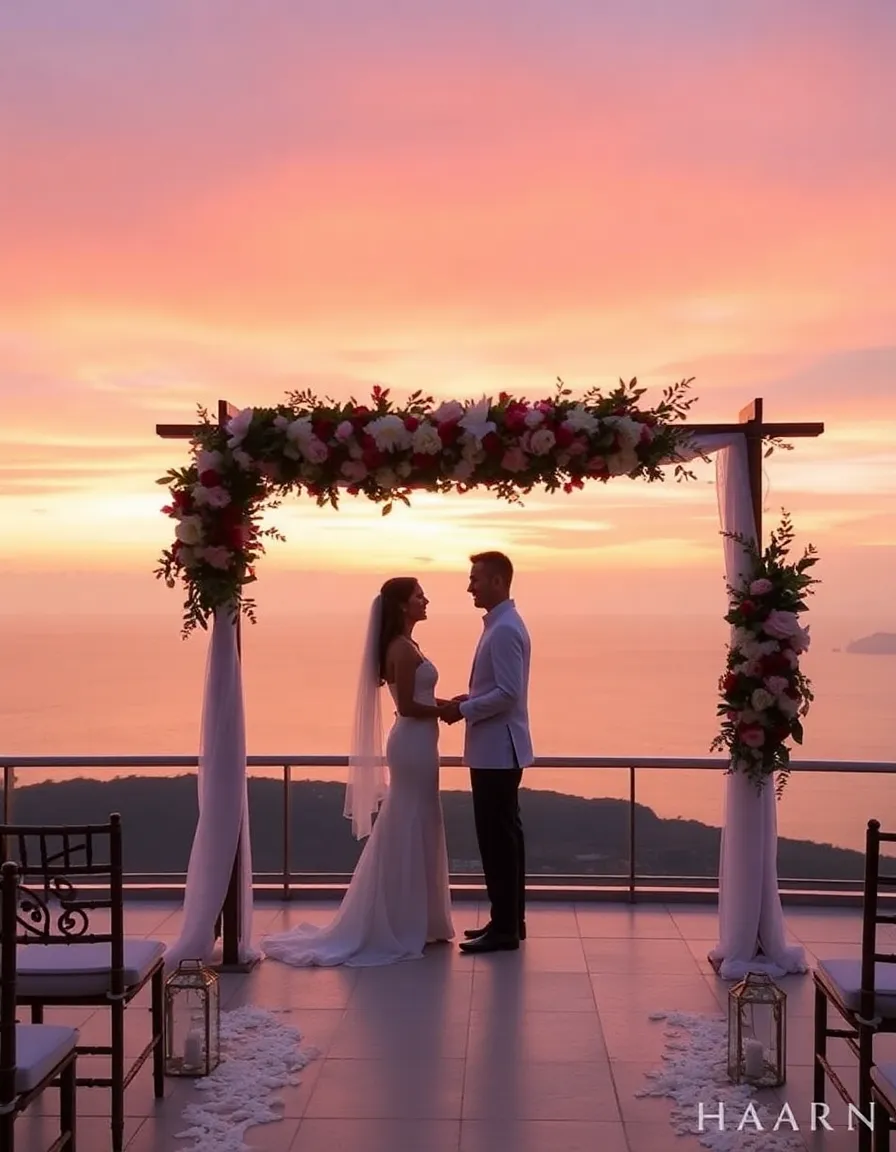 A rooftop ceremony at The Nai Harn, with a couple standing under a floral arch. The Andaman Sea stretches out below, and the sky is a gradient of pink and orange as the sun sets.