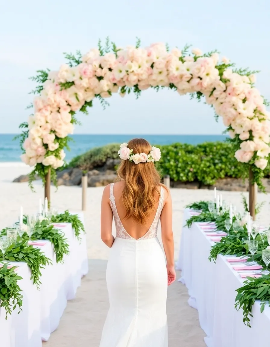 A garden-inspired beach wedding with a floral arch overflowing with blush pink blooms, long tables draped in greenery, and a bride wearing a delicate flower crown as she walks down the aisle.