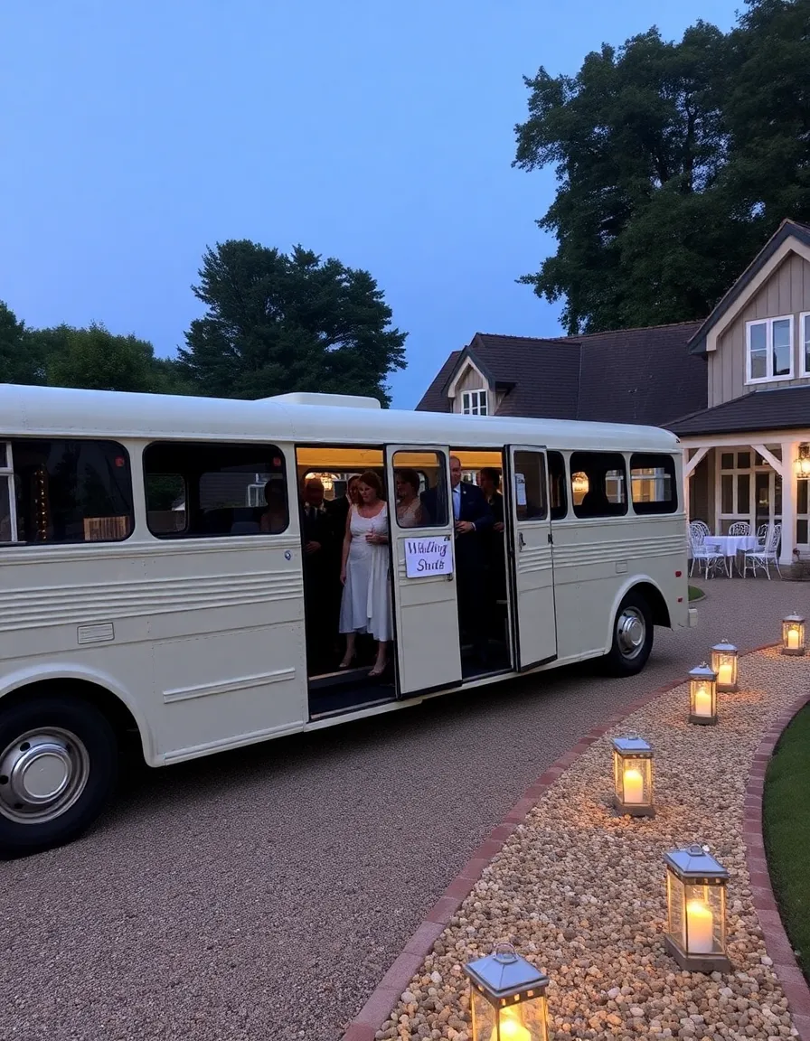 A vintage-style shuttle bus parked near a charming outdoor wedding venue, with guests stepping out onto a gravel pathway lined with lanterns. The bus is decorated with a small “Wedding Shuttle” sign.