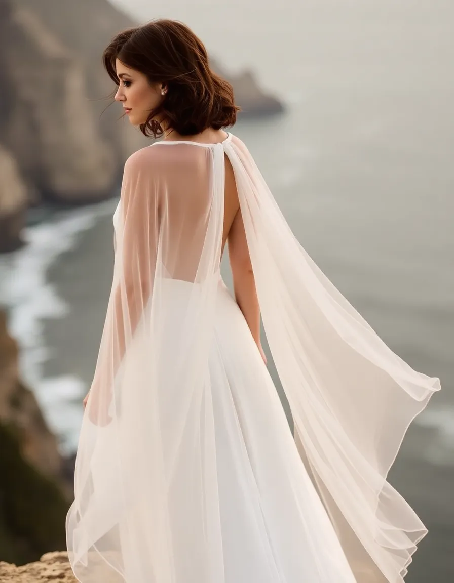 A bride in a flowy wedding dress with a sheer cape-back, standing on a cliff overlooking the ocean. The cape billows dramatically in the wind, creating a soft, wing-like effect. Her hair is half-up, with loose tendrils framing her face.