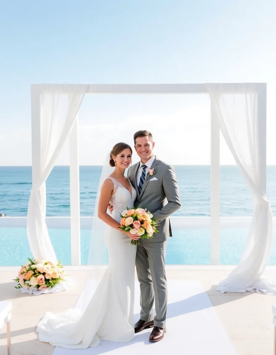 A sleek, modern wedding setup at Riu Palace, with a minimalist white arch overlooking an infinity pool that blends into the ocean. The bride holds a bouquet of tropical flowers, and the groom grins as he adjusts his tie.