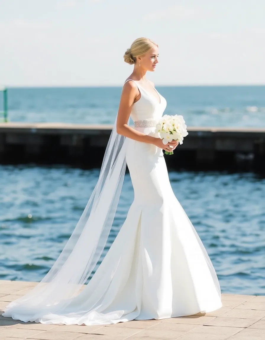 A bride in a sleek sheath wedding dress with a detachable tulle train, standing at the water’s edge. The train is clipped on for the ceremony, flowing behind her in the breeze. Her hair is in a low bun, and she’s holding a simple bouquet of white orchids.