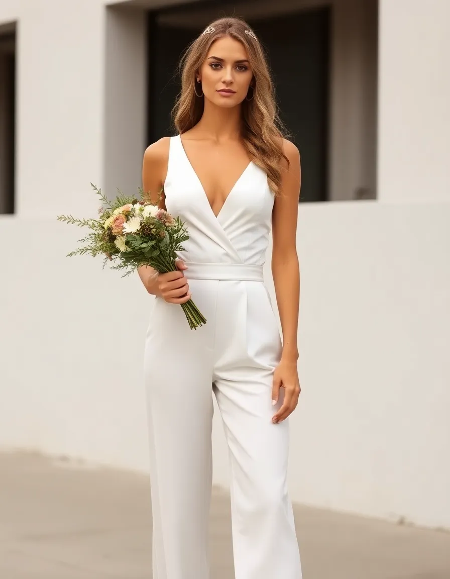 A confident bride in a fitted white satin jumpsuit with a deep V-neck and wide-leg trousers, standing against a minimalist urban backdrop. She’s holding a bouquet of wildflowers, and her hair is styled in loose waves with a delicate birdcage veil.
