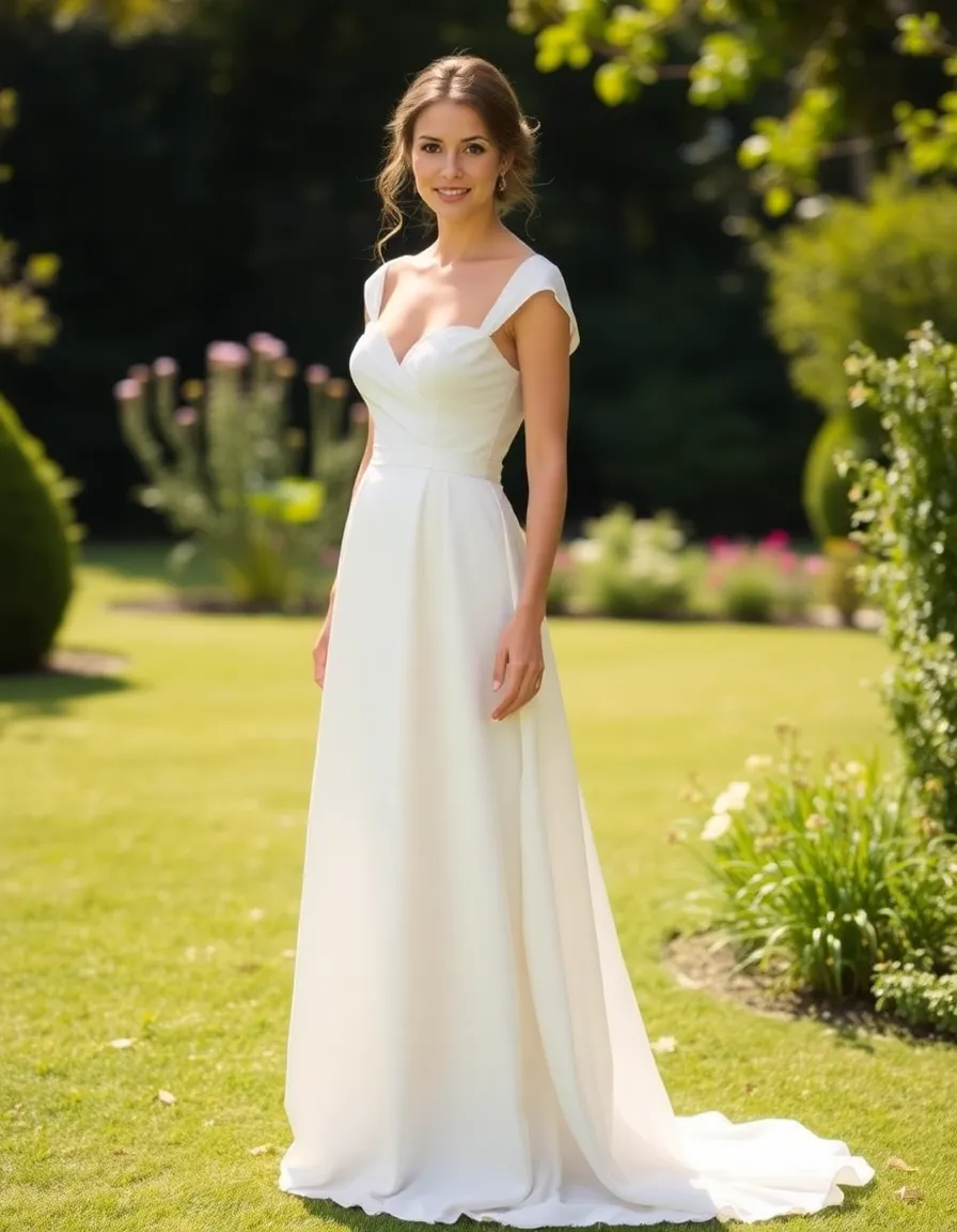 A bride in a floor-length ivory silk A-line gown, standing in a sunlit garden with soft focus on the fabric’s natural drape. The dress has a sweetheart neckline and delicate cap sleeves, with a subtle train trailing behind her.