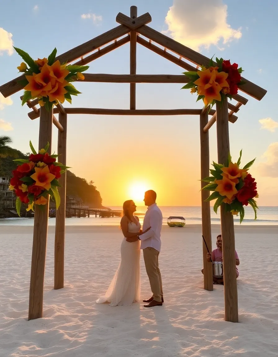 A private beach with a wooden arch decorated with vibrant tropical flowers. A couple stands beneath it, surrounded by a small group of guests. The sun sets behind them, casting a golden glow over the scene. A steel drum band plays softly in the background.