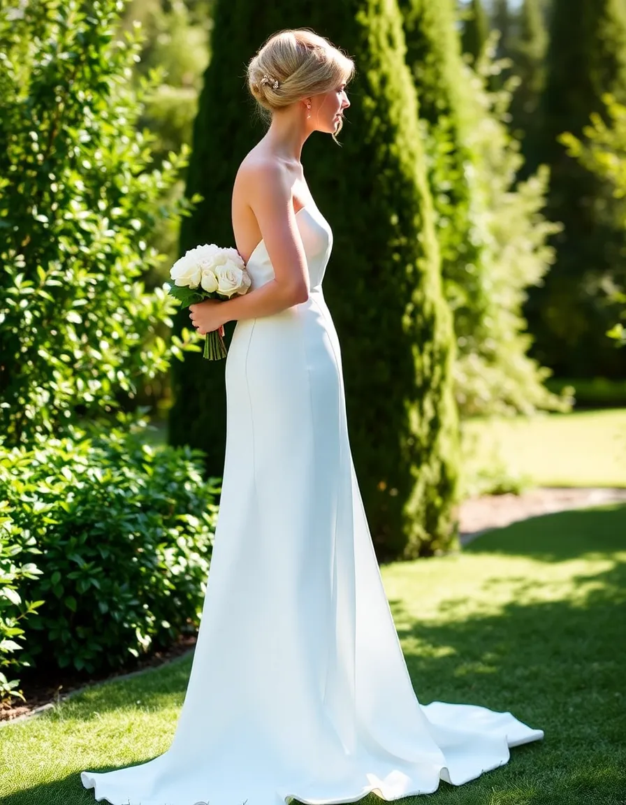 A bride in a sleek ivory satin A-line gown standing in a sunlit garden, the fabric gently catching the light as she holds a small bouquet of white roses. The train flows behind her, blending seamlessly with the lush greenery.
