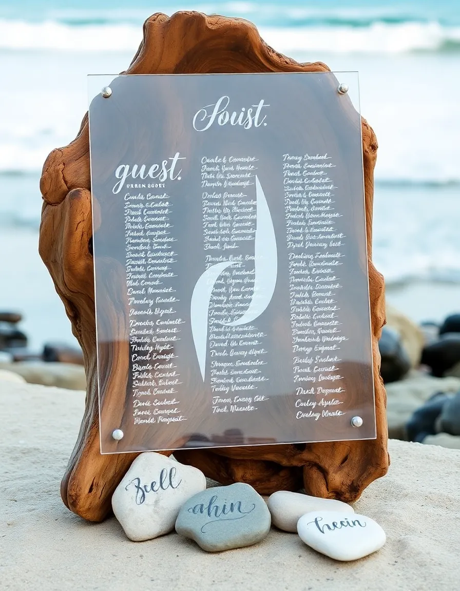 A sleek acrylic sheet leaning against a driftwood stand, with guest names written in fine black calligraphy. A few smooth stones with names painted in white sit at the base, and the ocean waves crash softly in the distance.