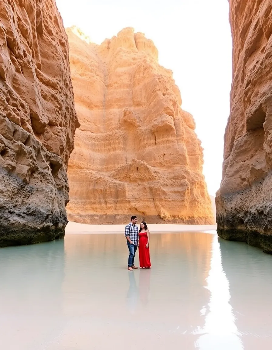 A couple standing between the towering rock formations of Lover’s Beach, with the golden sandbar stretching behind them. The water is calm and glassy, reflecting the desert cliffs.