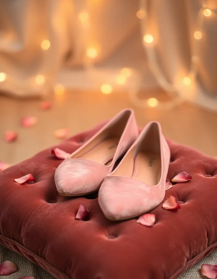 Blush velvet flats resting on a plush velvet cushion with a few scattered rose petals. The background is softly lit with string lights, creating a romantic, dreamy ambiance.