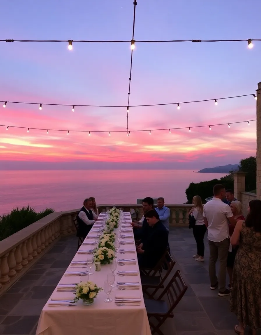 A stone terrace at Vila Vita Parc, with a long dining table set for a wedding reception. The Atlantic Ocean stretches out beyond, and the sky is streaked with pink and purple as the sun sets. Guests are laughing, and string lights twinkle overhead.