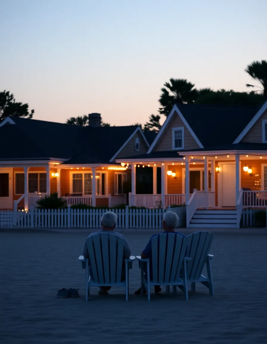 A vintage-style shot of Crystal Cove’s cottages at dusk, with string lights glowing on their porches. The beach stretches out in front, and a couple sits on Adirondack chairs, watching the waves.